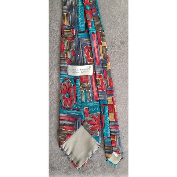 Meeting Street Multicolor Color Block Floral 100% Silk Tie - Picture 2 of 3